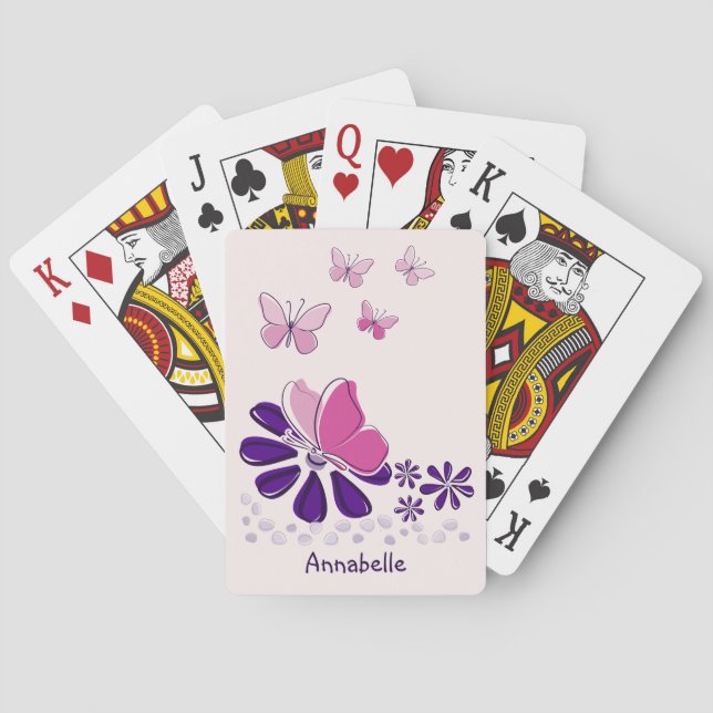 Purple Flower & Butterfly Doodle Your Name Playing Cards (Back)