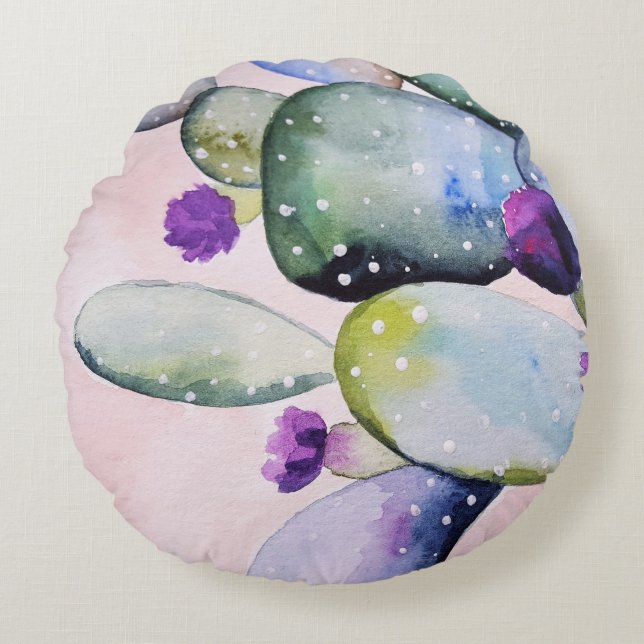 Purple Flower Cactus (Nopal) Round Cushion (Front)