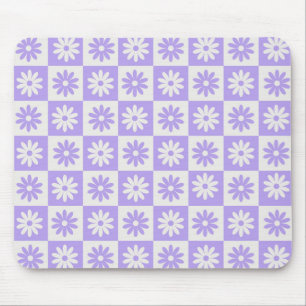 Purple Flower Chequerboard Modern Retro Chequered Mouse Pad