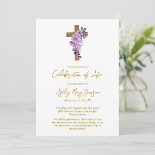 Purple flower cross Celebration of Life Funeral Invitation