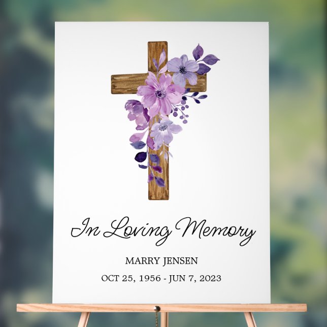 Purple flower cross Memorial Funeral Acrylic Sign (Neutral)