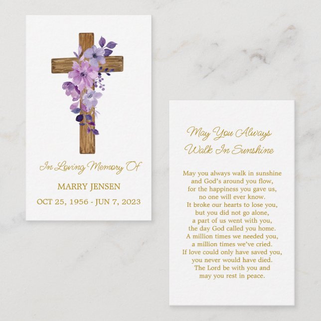 Purple flower Cross Memorial Funeral Prayer Card (Front/Back)