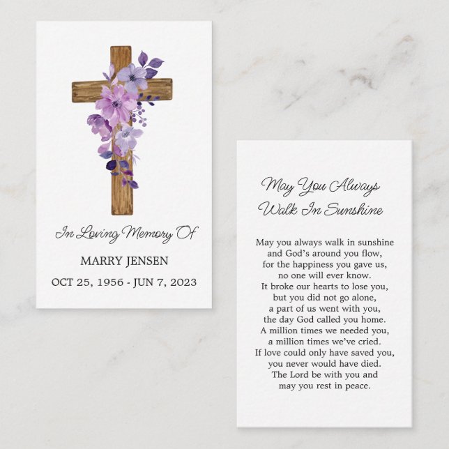 Purple flower Cross Memorial Funeral Prayer Card (Front/Back)