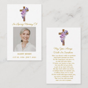 Purple Flower Cross Photo Funeral Prayer Card