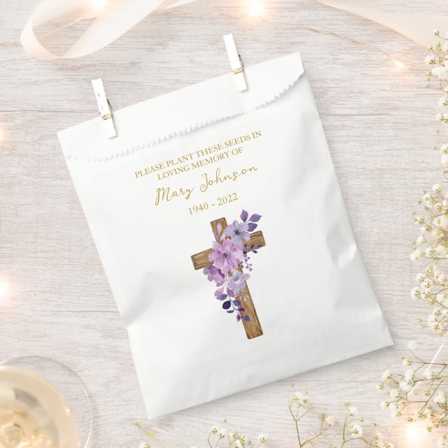 Purple flower Cross Seed Packet Funeral Favor Bag (Clipped)