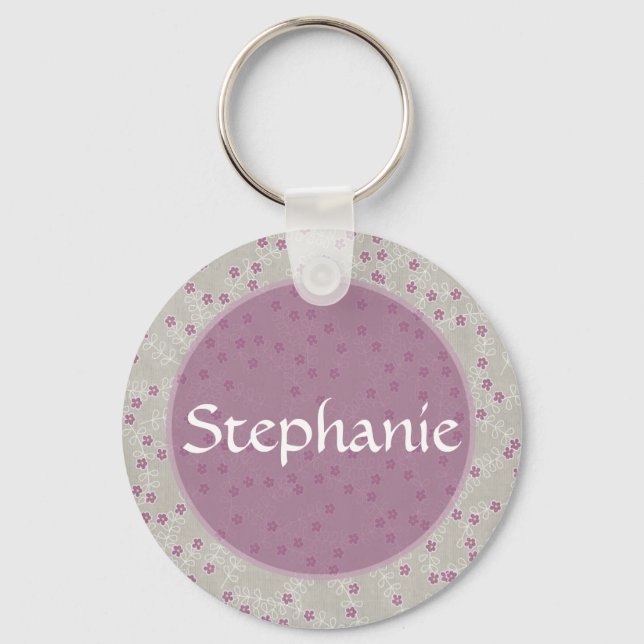 Purple Flower Customisable Name Button Keychain (Front)