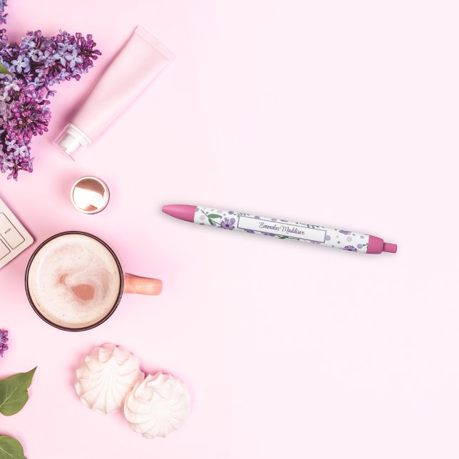 Purple Flower Ditsy Style Monogrammed Black Ink Pen (Creator Uploaded)