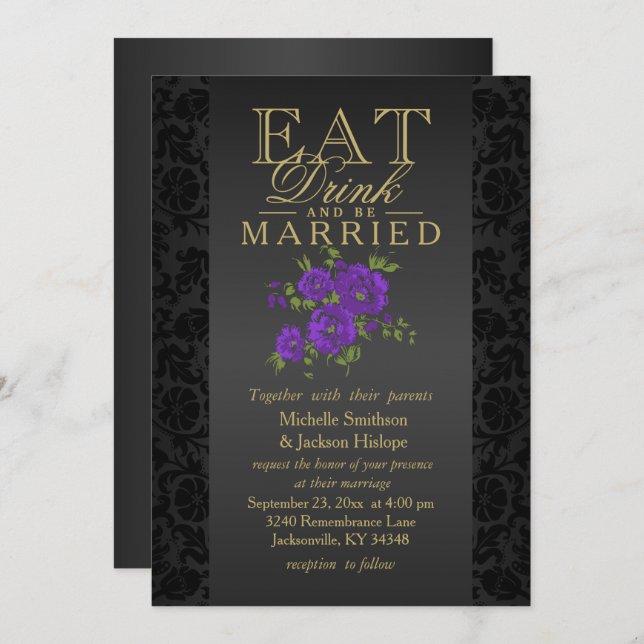 Purple Flower Eat, Drink and Be Married Invitation (Front/Back)
