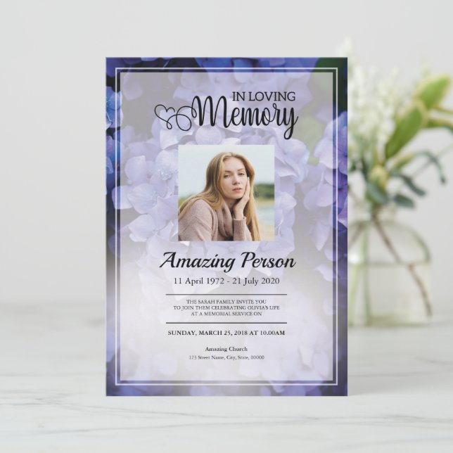 Purple Flower Funeral order of service Invitation (Standing Front)