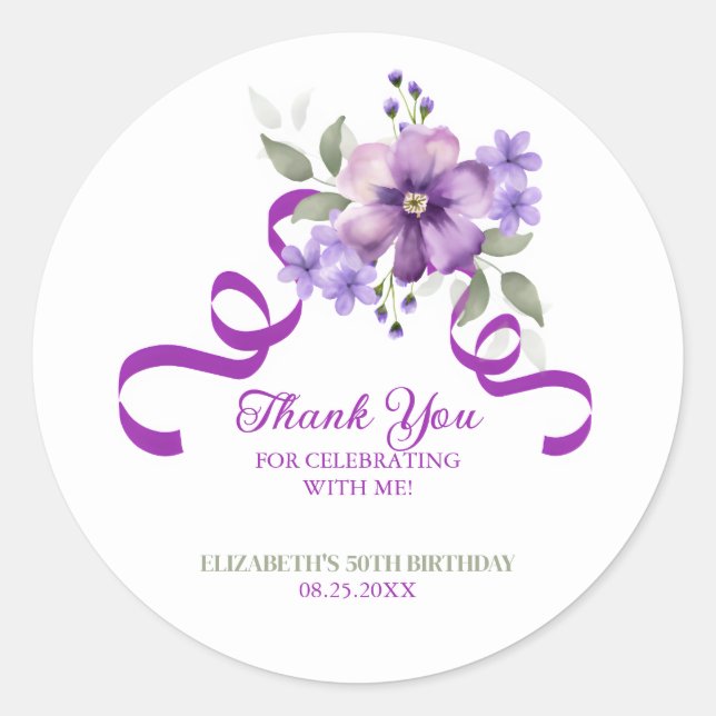 Purple Flower Greenery Ribbon Birthday Classic Round Sticker (Front)