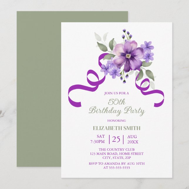 Purple Flower Greenery Ribbon Birthday Invitation (Front/Back)