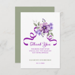 Purple Flower Greenery Ribbon Birthday Thank You Card