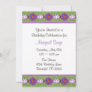 Purple Flower & Ladybug Birthday Invitation