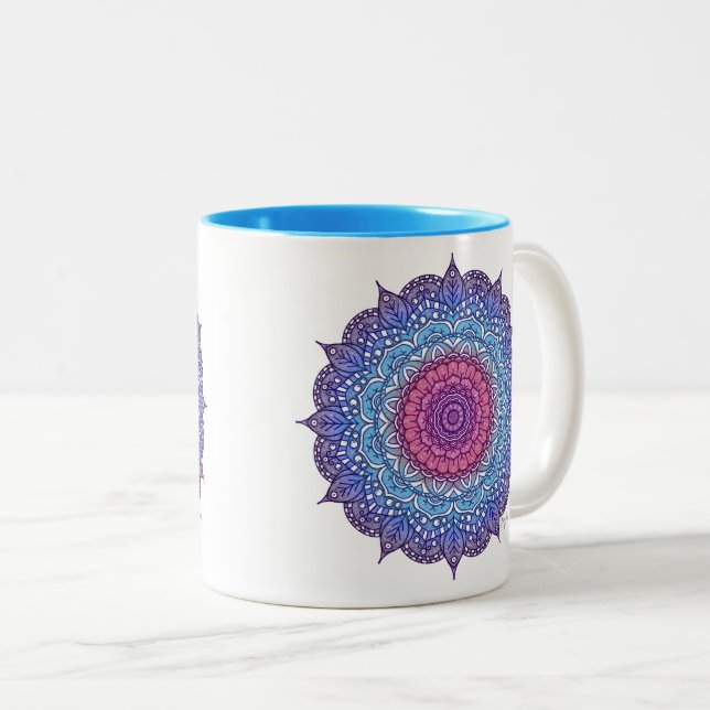 Purple Flower Leaf Mandala Two-Tone Coffee Mug (Front Right)