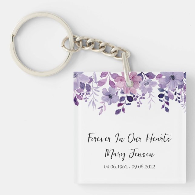 Purple Flower Memorial Funeral Photo Key Ring (Front)