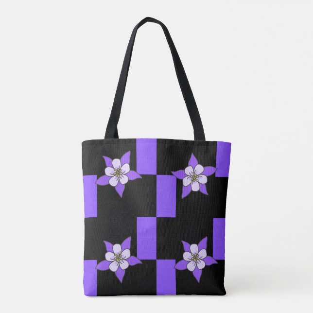 Purple Flower on Black and Purple Tile Design Tote Bag (Back)