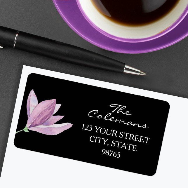 Purple Flower on Black Return Address Label (Creator Uploaded)