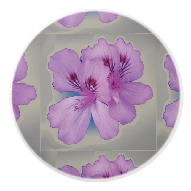 Purple Flower on Silver Grey Ceramic Pull Knob (Front)