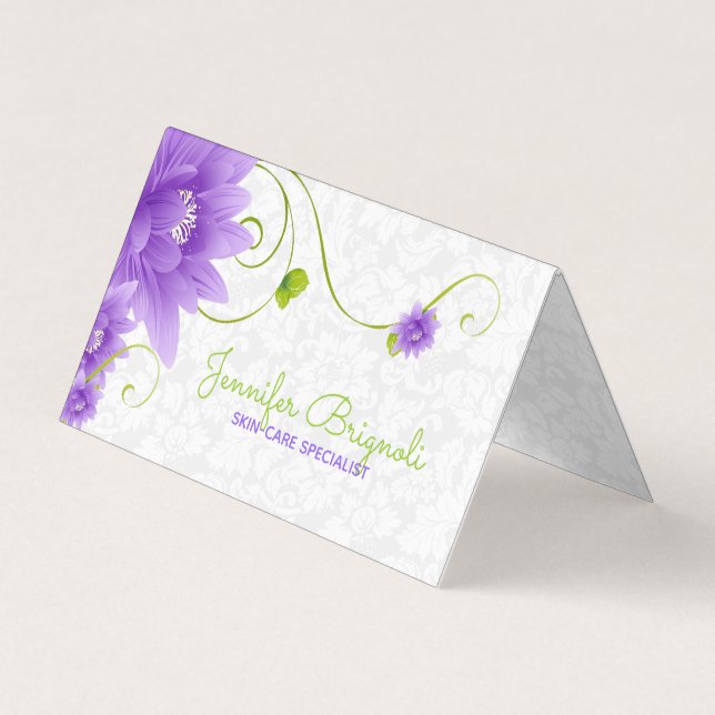 Purple Flower On White Damask Business Card (Front)