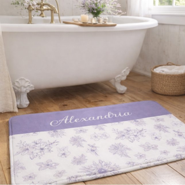 Purple Flower Pattern Custom Name  Bath Mat (Creator Uploaded)