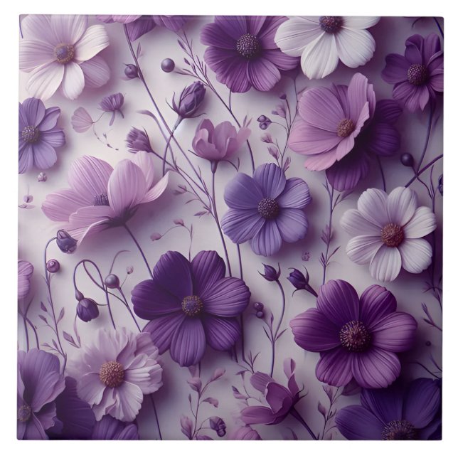 Purple Flower Pattern on a White Background Tile (Front)