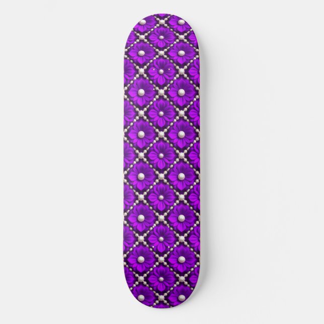 Purple Flower Pattern With Pearl Beads Skateboard (Front)