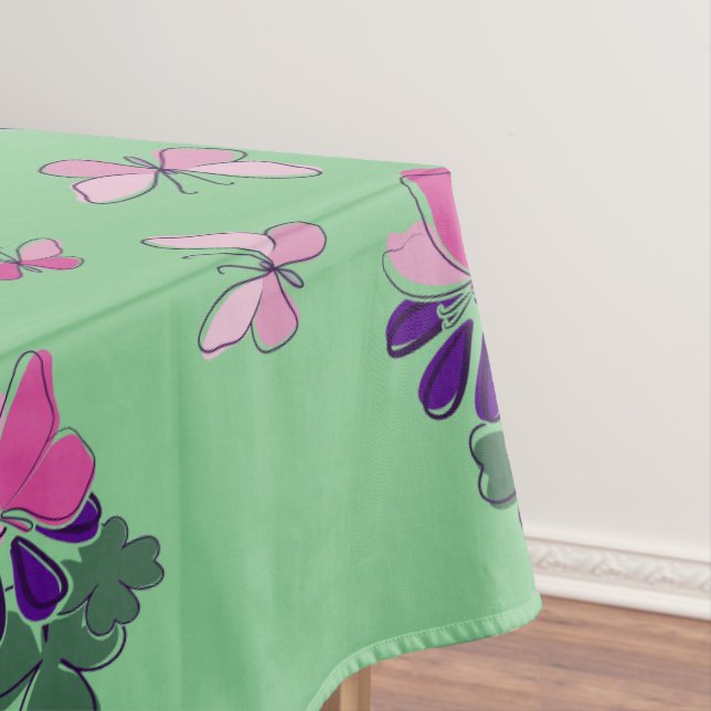 Purple Flower Pink Butterfly Doodle Border Green Tablecloth (In Situ)