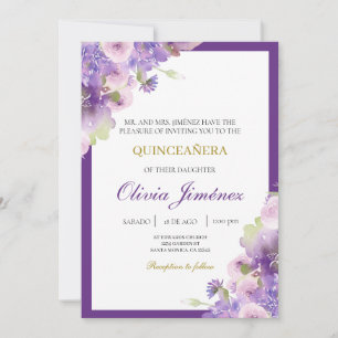Purple flower quinceañera  invitation