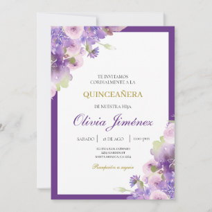 Purple flower quinceañera invitation