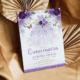 Purple Flower Quinceañera Princess Dress Butterfly Invitation