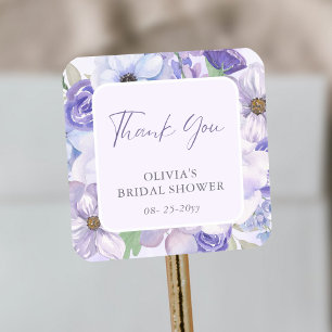Purple Flower Script Bridal Shower Thank You Square Sticker