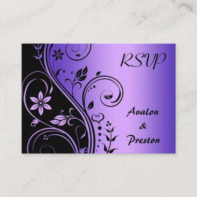 Purple Flower Scrollwork RSVP Wedding Card (Front)