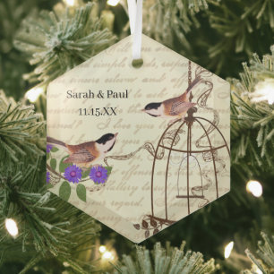 Purple Flower Vintage Bird Save the Date Birdcage Glass Tree Decoration