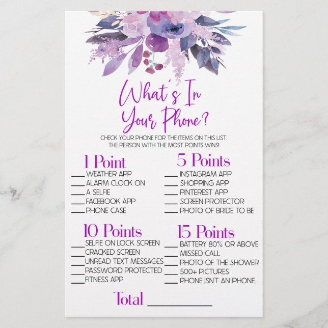 Purple Flower What's In Phone Bridal Shower Game Stationery (Front)