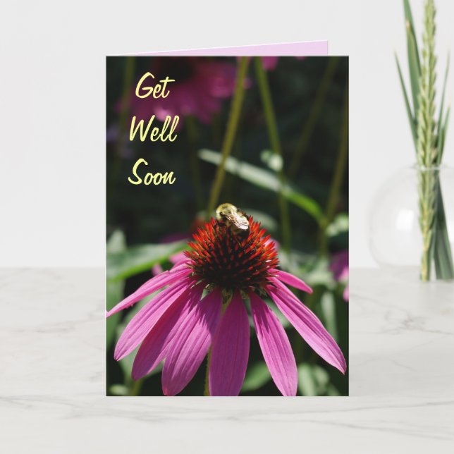 Purple Flower with Bee Get Well Soon Card (Front)