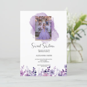 Purple flower with photo birthday invitation