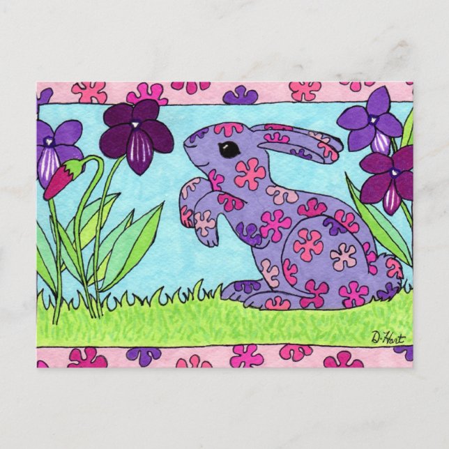 Purple Flowered Bunny Postcard (Front)