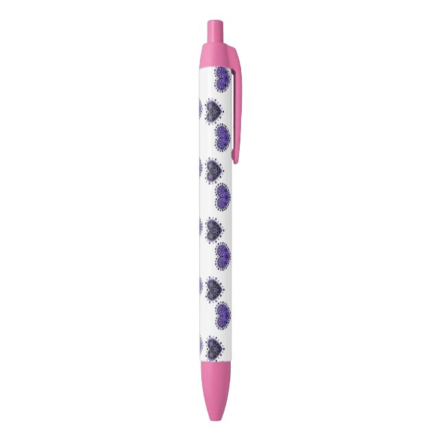 Purple Flowered Hearts Black Ink Pen (Bottom (Vertical))