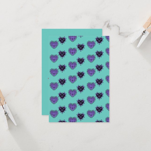 Purple Flowered Hearts Card (Front/Back In Situ)