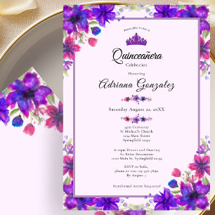 Purple Flowers 15th Birthday Quinceanera Invitation