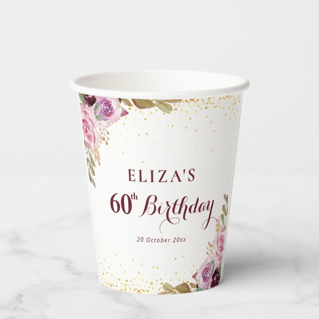 Purple flowers 60th birthday party paper cups (Back)