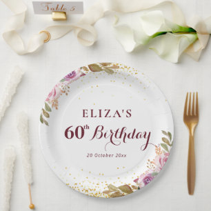 Purple flowers 60th birthday party paper plate