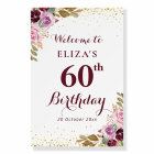 Purple flowers 60th birthday party welcome sign