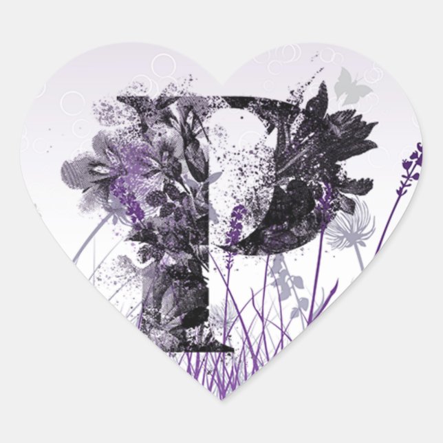 Purple Flowers Alphabet - Letter P Girls Name Heart Sticker (Front)