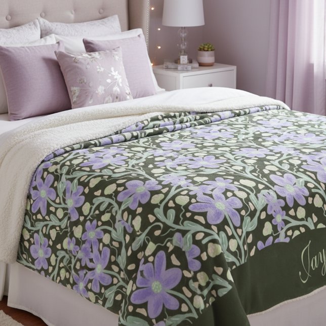Purple Flowers Among Vines Sherpa Blanket (Feminine purple lilac flowers with vines are both pretty and whimsical. Great for any girls room.)