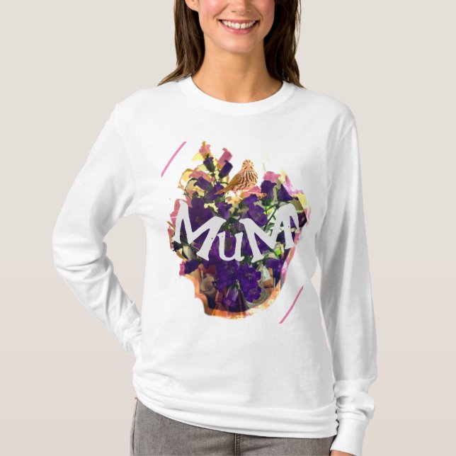 Purple Flowers and Bird T-Shirt (Front)