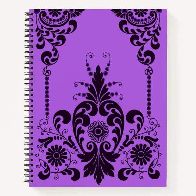 purple flowers and curlicues print notebook (Front)
