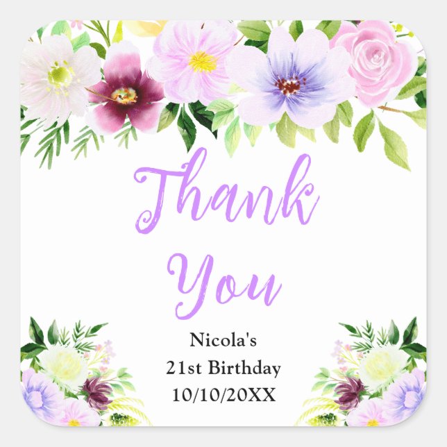 Purple Flowers and Foliage Birthday Thank You Square Sticker (Front)