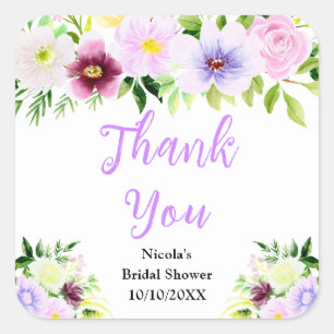 Purple Flowers and Foliage Bridal Shower Thank You Square Sticker