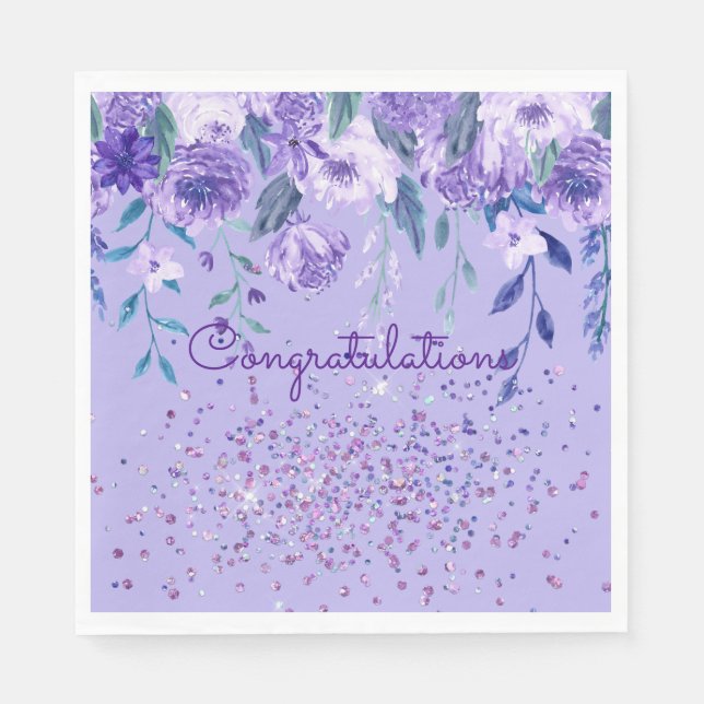 Purple Flowers and Glitter Paper Napkin (Front)